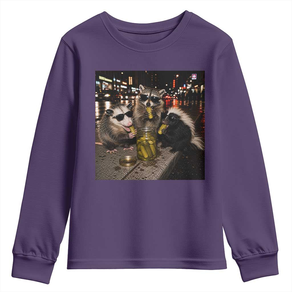 Funny Raccoon Skunk Possum Eating Pickles Youth Sweatshirt Support Local Street Cats Retro Animal Meme