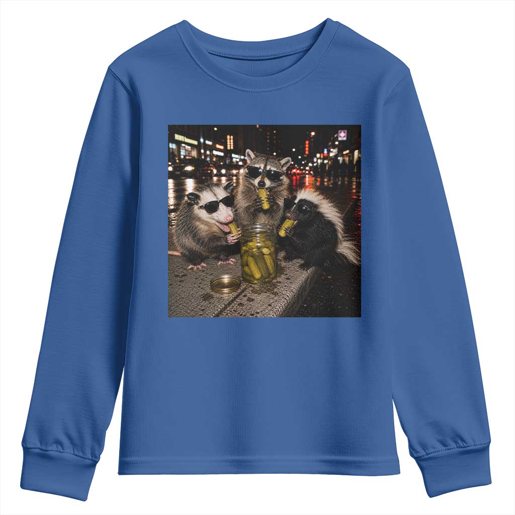 Funny Raccoon Skunk Possum Eating Pickles Youth Sweatshirt Support Local Street Cats Retro Animal Meme