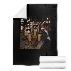 Funny Raccoon Skunk Possum Drinking Iced Coffee Throw Blanket Support Local Street Cats Retro Animal Meme