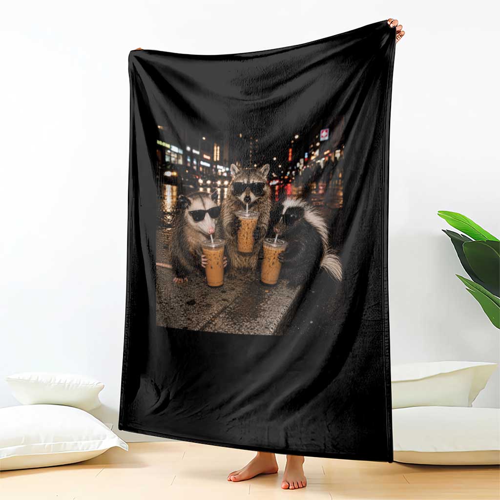 Funny Raccoon Skunk Possum Drinking Iced Coffee Throw Blanket Support Local Street Cats Retro Animal Meme