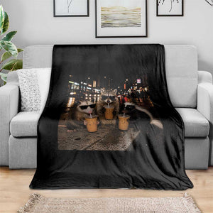 Funny Raccoon Skunk Possum Drinking Iced Coffee Throw Blanket Support Local Street Cats Retro Animal Meme