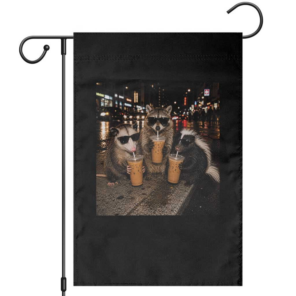 Funny Raccoon Skunk Possum Drinking Iced Coffee Garden Flag Support Local Street Cats Retro Animal Meme TS10 Black Print Your Wear