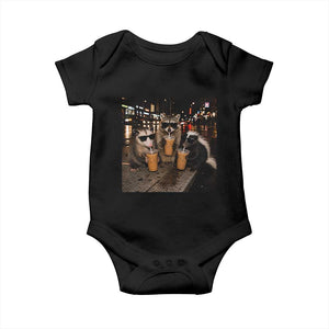 Funny Raccoon Skunk Possum Drinking Iced Coffee Baby Onesie Support Local Street Cats Retro Animal Meme