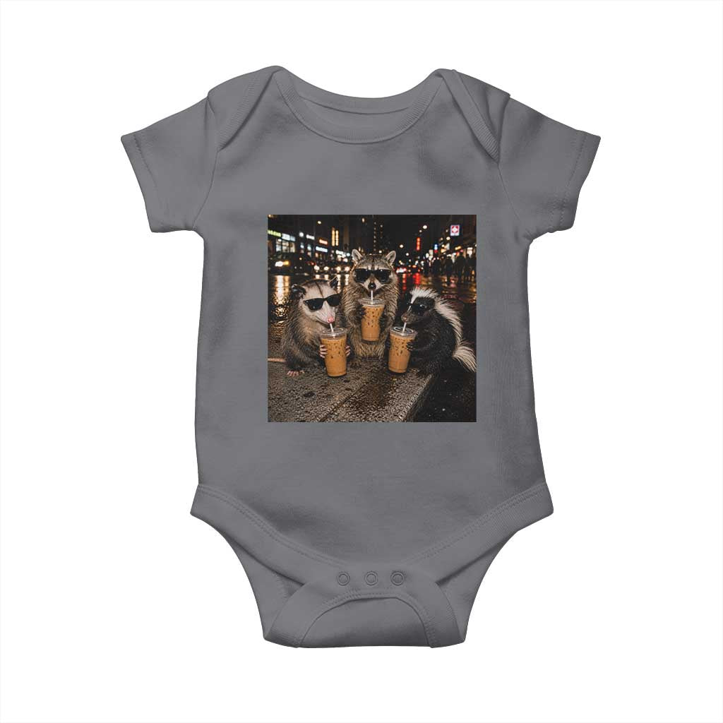 Funny Raccoon Skunk Possum Drinking Iced Coffee Baby Onesie Support Local Street Cats Retro Animal Meme