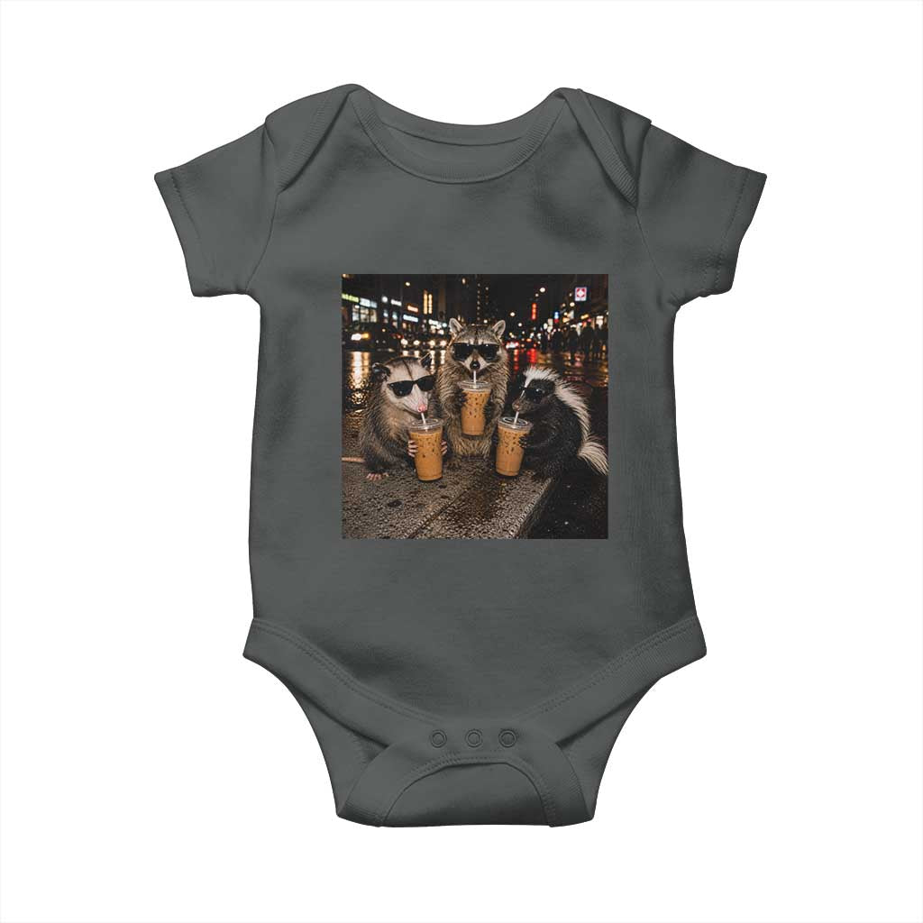 Funny Raccoon Skunk Possum Drinking Iced Coffee Baby Onesie Support Local Street Cats Retro Animal Meme