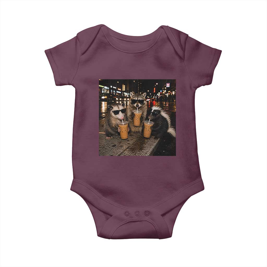Funny Raccoon Skunk Possum Drinking Iced Coffee Baby Onesie Support Local Street Cats Retro Animal Meme