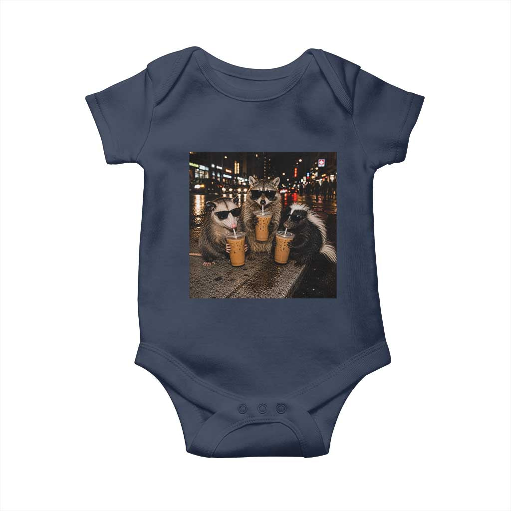 Funny Raccoon Skunk Possum Drinking Iced Coffee Baby Onesie Support Local Street Cats Retro Animal Meme