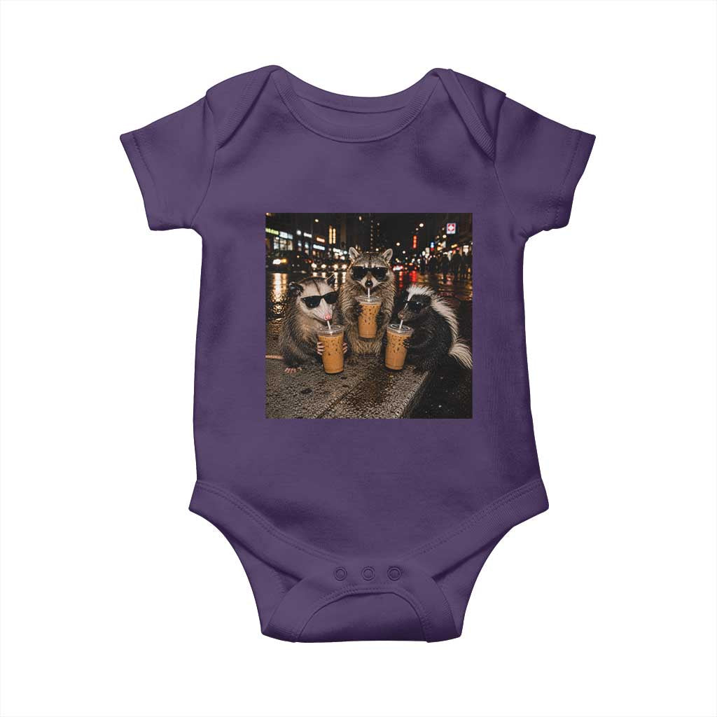 Funny Raccoon Skunk Possum Drinking Iced Coffee Baby Onesie Support Local Street Cats Retro Animal Meme