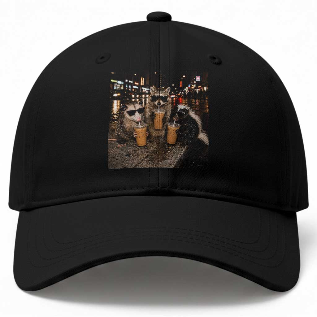 Funny Raccoon Skunk Possum Drinking Iced Coffee Baseball Cap Support Local Street Cats Retro Animal Meme