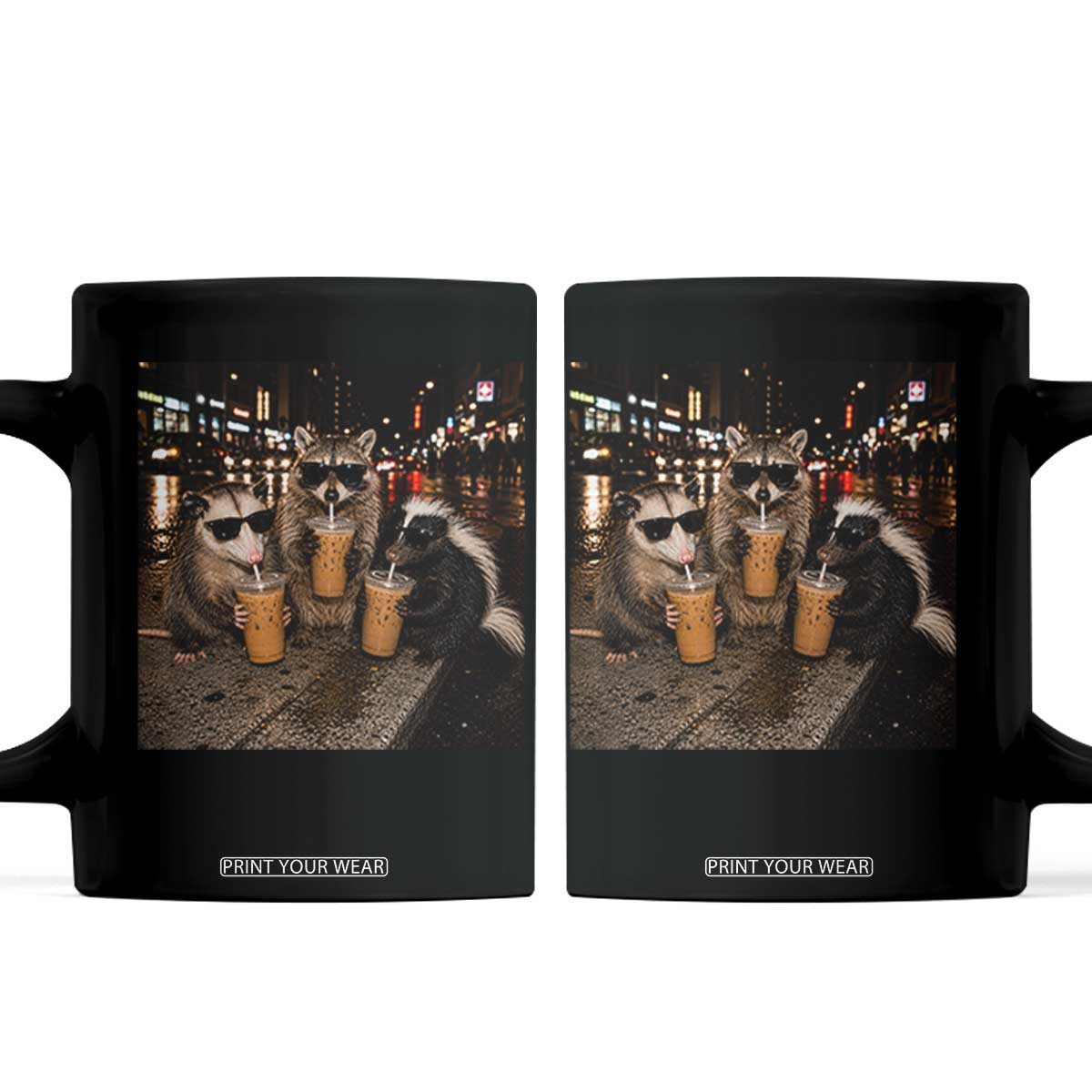 Funny Raccoon Skunk Possum Drinking Iced Coffee Coffee Mug Support Local Street Cats Retro Animal Meme