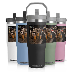 Funny Raccoon Skunk Possum Drinking Iced Coffee Flip Straw Tumbler Support Local Street Cats Retro Animal Meme