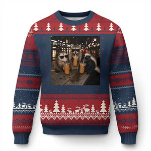 Funny Raccoon Skunk Possum Drinking Iced Coffee Ugly Christmas Sweater Support Local Street Cats Retro Animal Meme