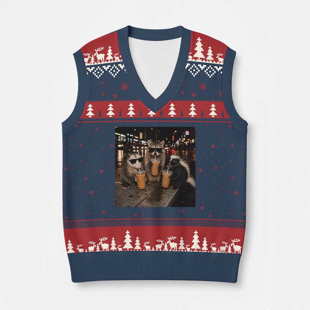 Funny Raccoon Skunk Possum Drinking Iced Coffee V-Neck Knit Sweater Vest Support Local Street Cats Retro Animal Meme TS10 Navy Red Print Your Wear