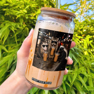 Funny Raccoon Skunk Possum Drinking Iced Coffee Glass Can Support Local Street Cats Retro Animal Meme