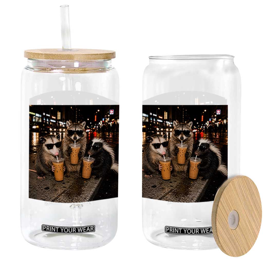 Funny Raccoon Skunk Possum Drinking Iced Coffee Glass Can Support Local Street Cats Retro Animal Meme
