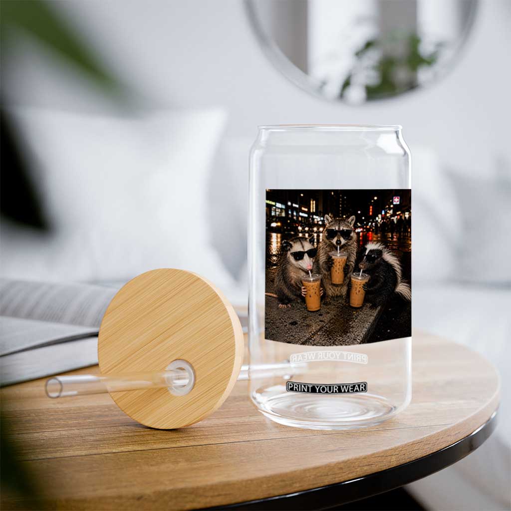 Funny Raccoon Skunk Possum Drinking Iced Coffee Glass Can Support Local Street Cats Retro Animal Meme