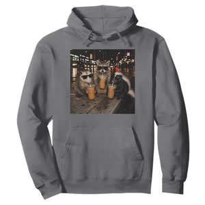 Funny Raccoon Skunk Possum Drinking Iced Coffee Hoodie Support Local Street Cats Retro Animal Meme