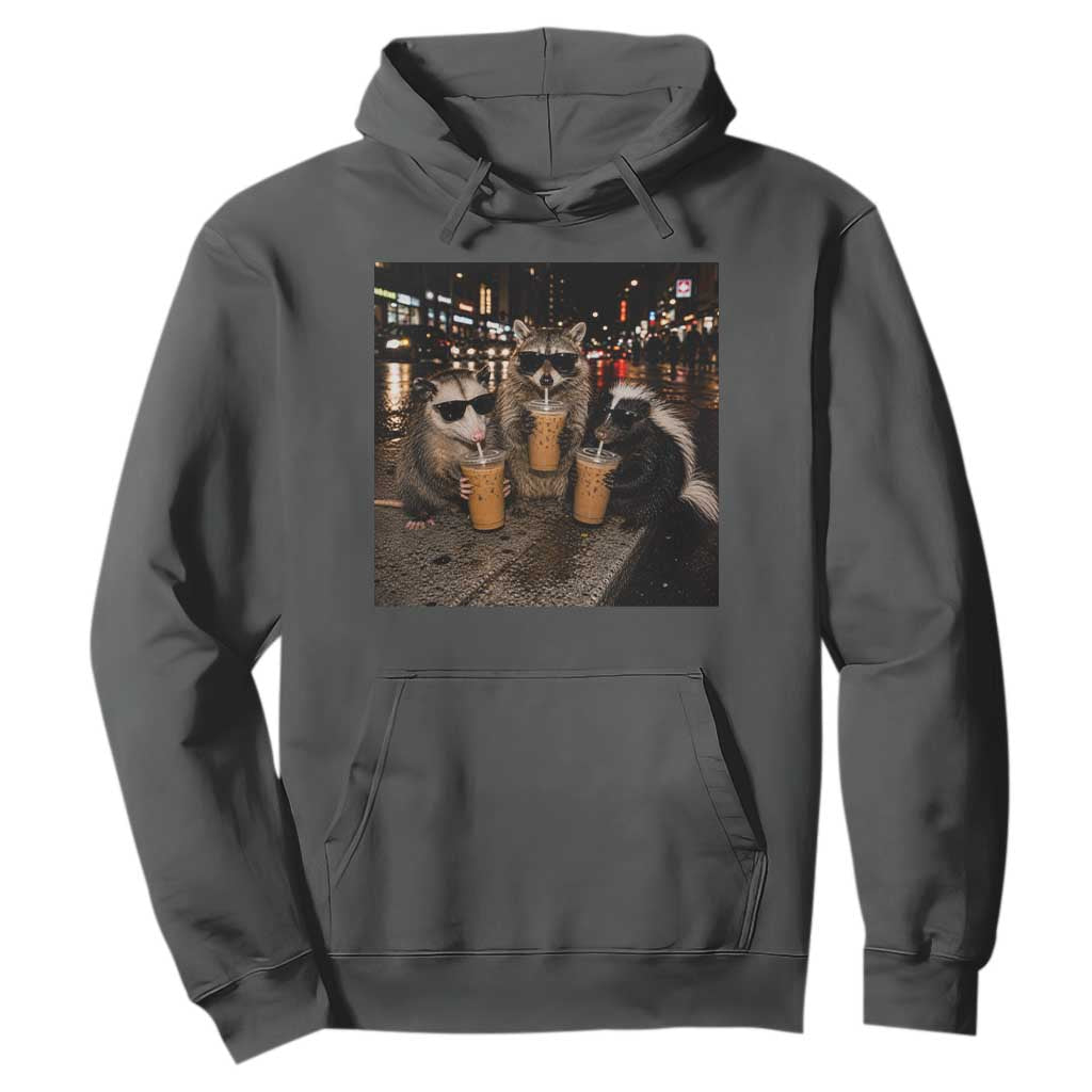 Funny Raccoon Skunk Possum Drinking Iced Coffee Hoodie Support Local Street Cats Retro Animal Meme