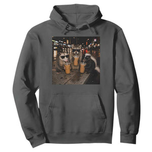 Funny Raccoon Skunk Possum Drinking Iced Coffee Hoodie Support Local Street Cats Retro Animal Meme