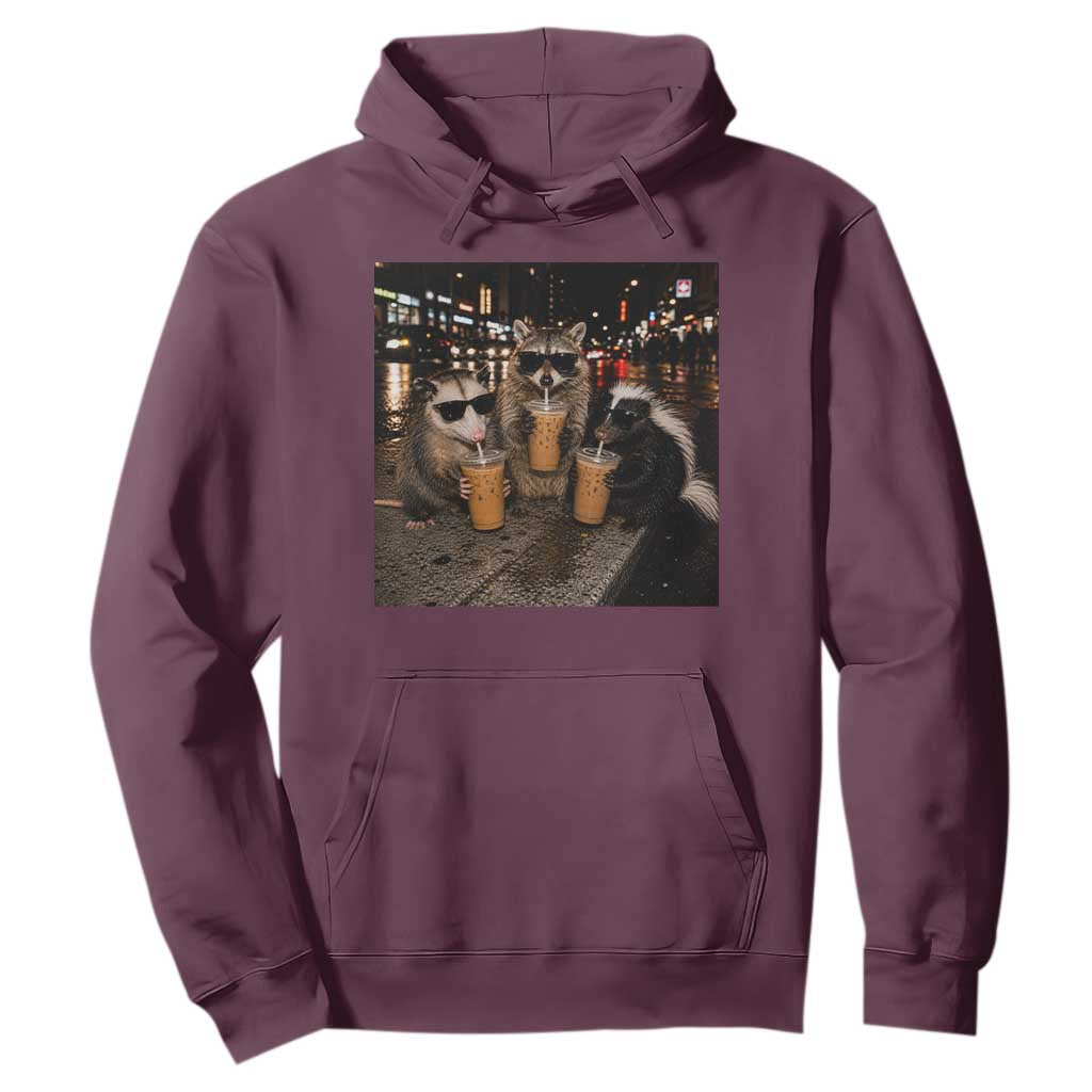 Funny Raccoon Skunk Possum Drinking Iced Coffee Hoodie Support Local Street Cats Retro Animal Meme
