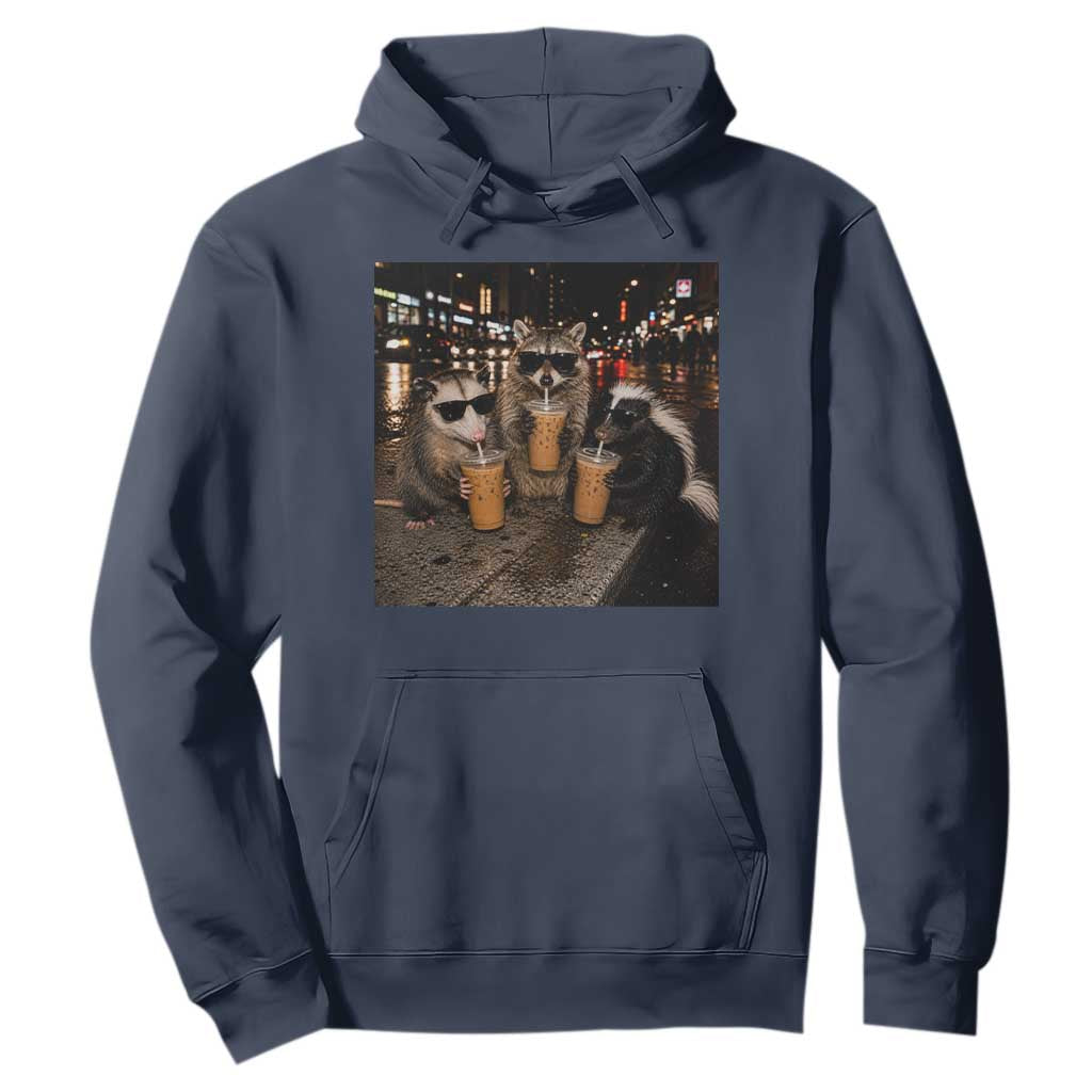 Funny Raccoon Skunk Possum Drinking Iced Coffee Hoodie Support Local Street Cats Retro Animal Meme