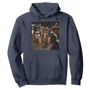 Funny Raccoon Skunk Possum Drinking Iced Coffee Hoodie Support Local Street Cats Retro Animal Meme