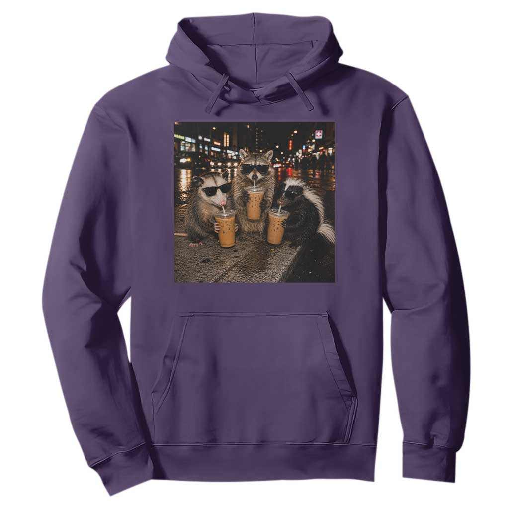 Funny Raccoon Skunk Possum Drinking Iced Coffee Hoodie Support Local Street Cats Retro Animal Meme