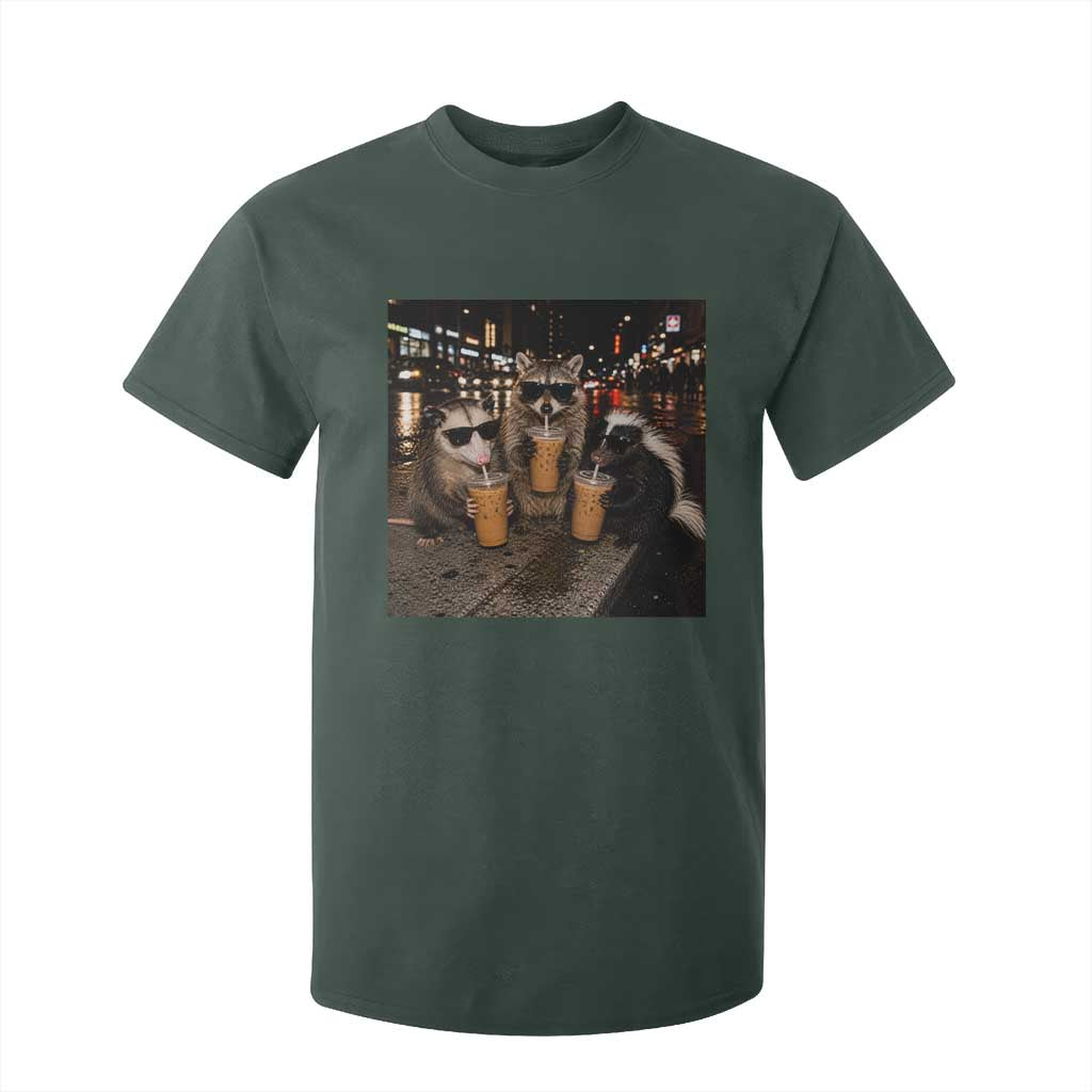 Funny Raccoon Skunk Possum Drinking Iced Coffee T Shirt For Kid Support Local Street Cats Retro Animal Meme