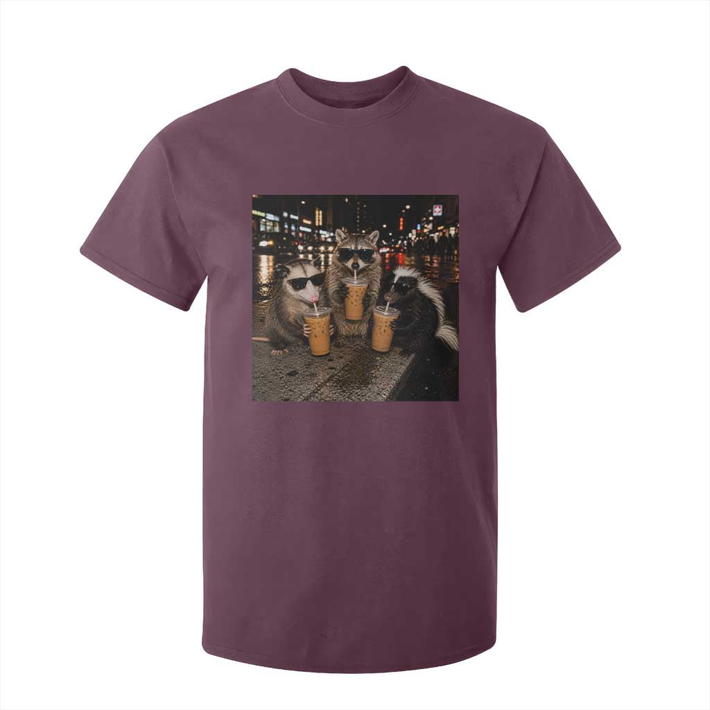 Funny Raccoon Skunk Possum Drinking Iced Coffee T Shirt For Kid Support Local Street Cats Retro Animal Meme