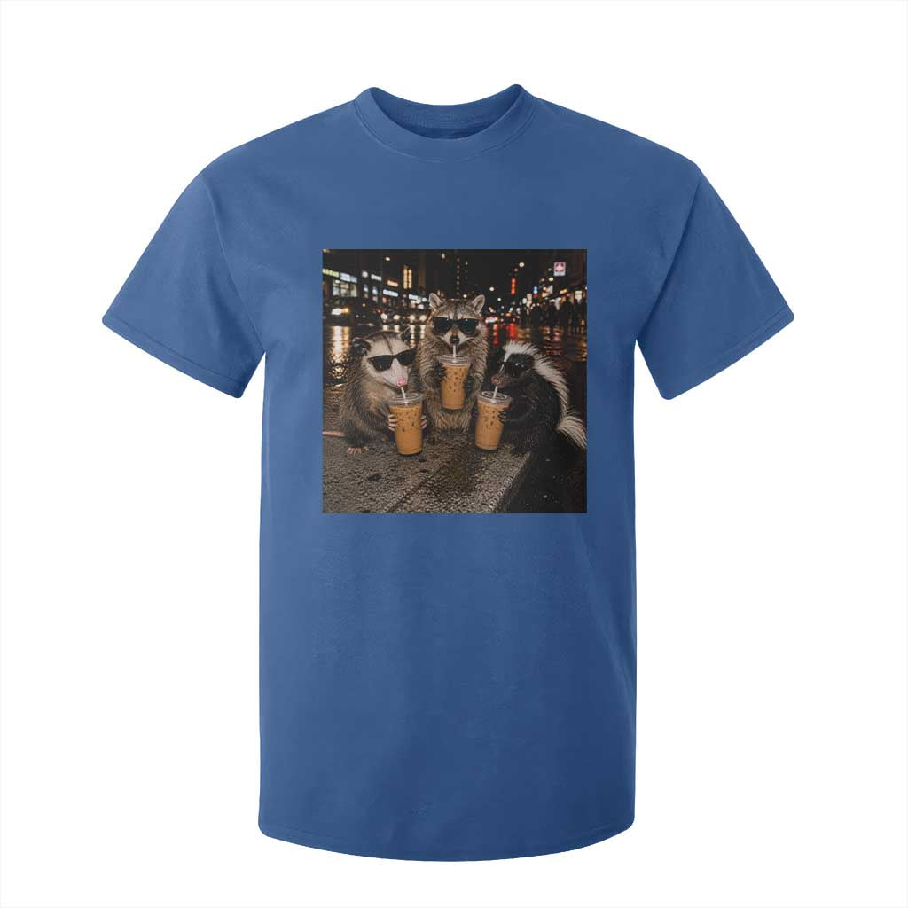 Funny Raccoon Skunk Possum Drinking Iced Coffee T Shirt For Kid Support Local Street Cats Retro Animal Meme