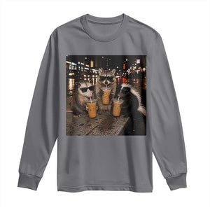 Funny Raccoon Skunk Possum Drinking Iced Coffee Long Sleeve Shirt Support Local Street Cats Retro Animal Meme