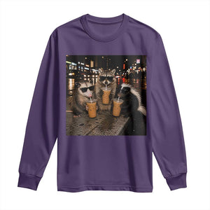 Funny Raccoon Skunk Possum Drinking Iced Coffee Long Sleeve Shirt Support Local Street Cats Retro Animal Meme