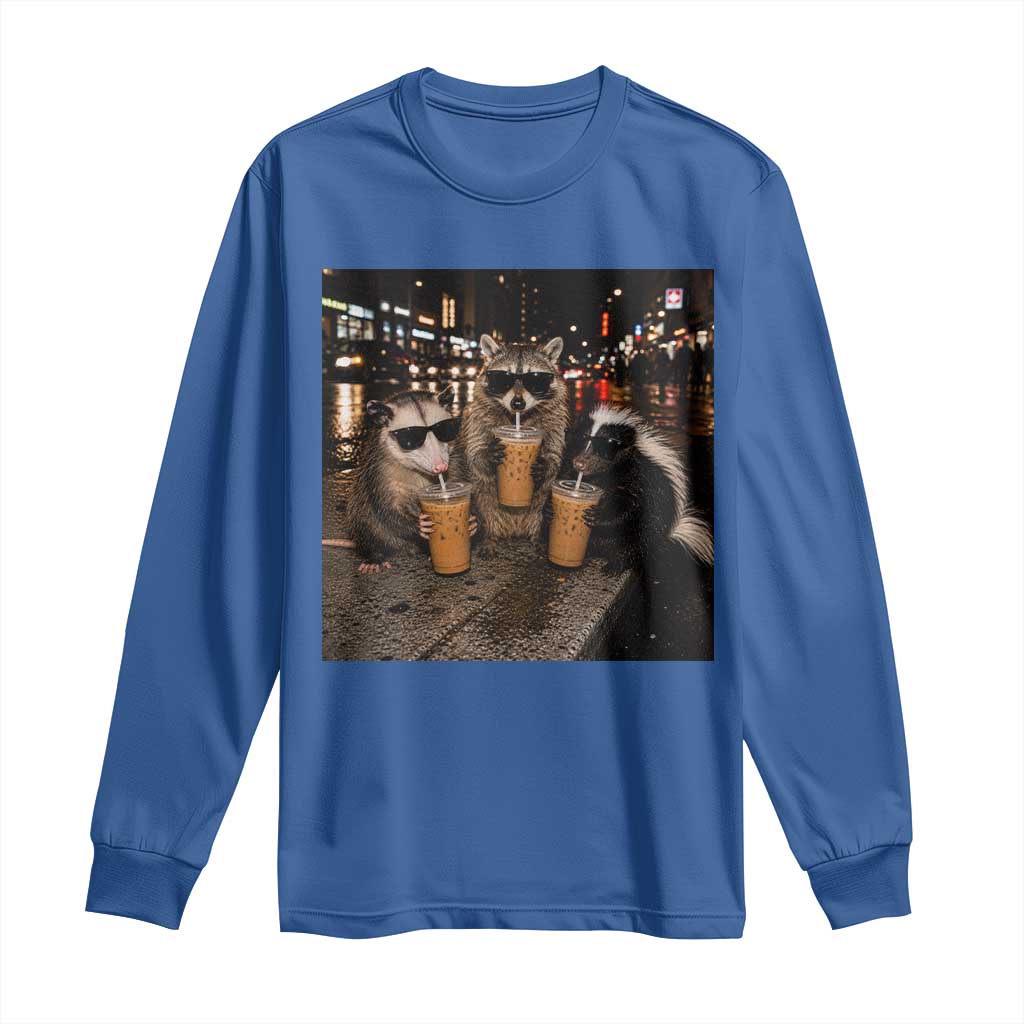 Funny Raccoon Skunk Possum Drinking Iced Coffee Long Sleeve Shirt Support Local Street Cats Retro Animal Meme