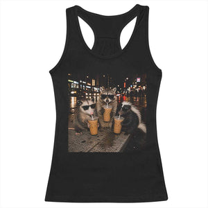Funny Raccoon Skunk Possum Drinking Iced Coffee Racerback Tank Top Support Local Street Cats Retro Animal Meme
