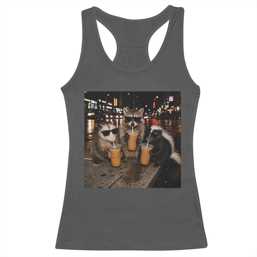 Funny Raccoon Skunk Possum Drinking Iced Coffee Racerback Tank Top Support Local Street Cats Retro Animal Meme