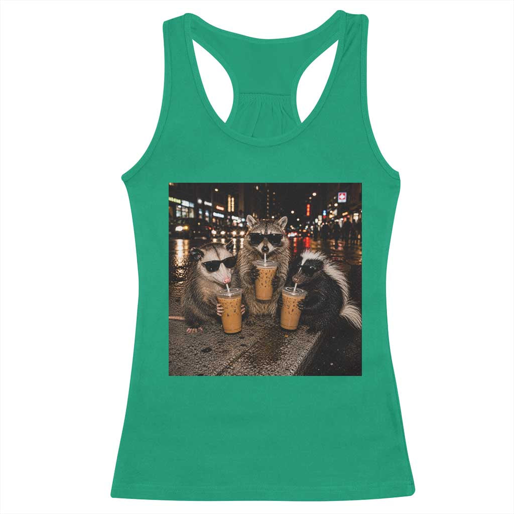 Funny Raccoon Skunk Possum Drinking Iced Coffee Racerback Tank Top Support Local Street Cats Retro Animal Meme