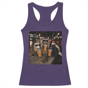Funny Raccoon Skunk Possum Drinking Iced Coffee Racerback Tank Top Support Local Street Cats Retro Animal Meme