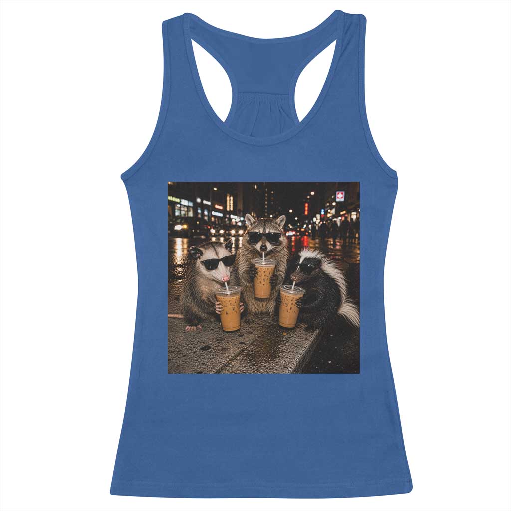 Funny Raccoon Skunk Possum Drinking Iced Coffee Racerback Tank Top Support Local Street Cats Retro Animal Meme
