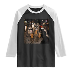 Funny Raccoon Skunk Possum Drinking Iced Coffee Raglan Shirt Support Local Street Cats Retro Animal Meme
