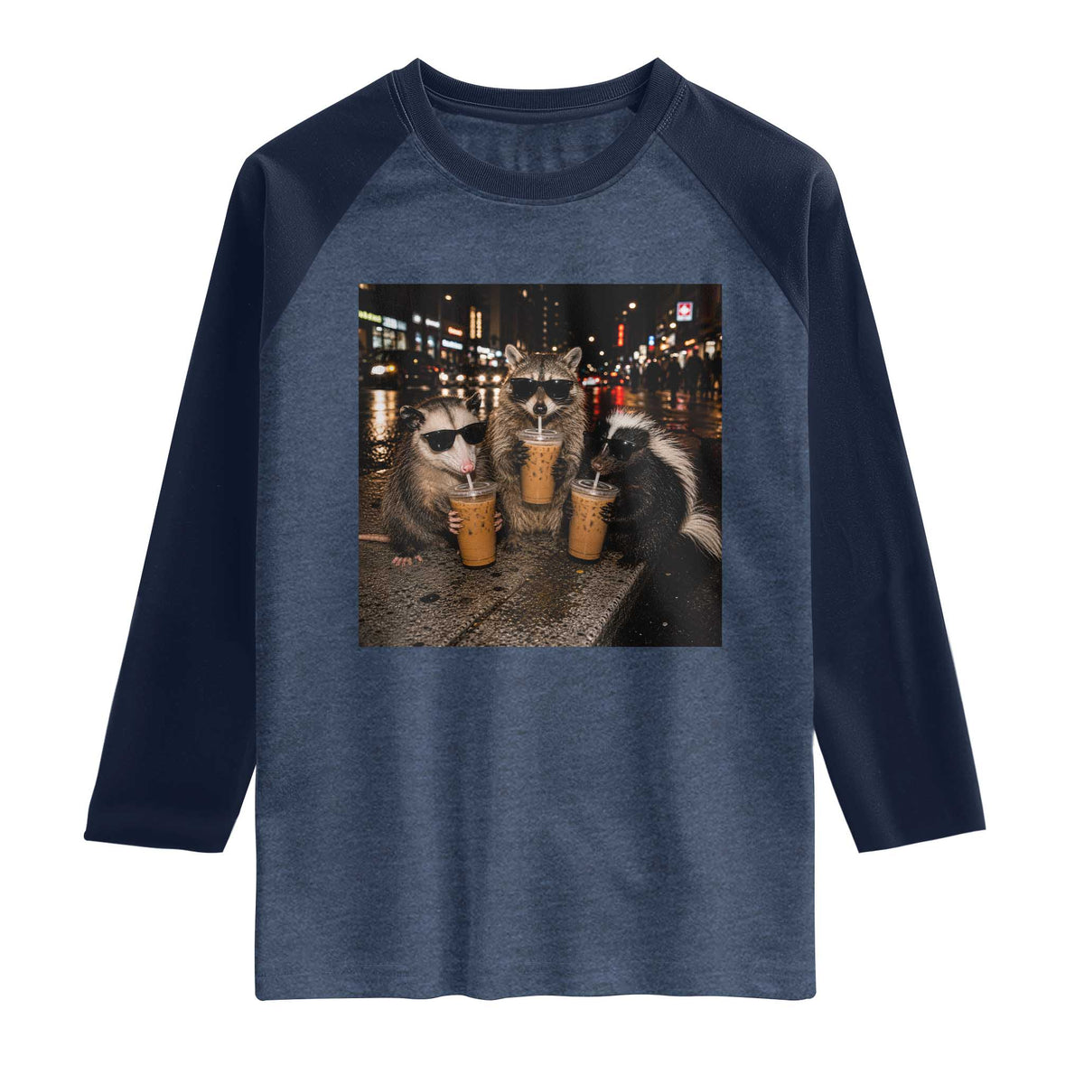 Funny Raccoon Skunk Possum Drinking Iced Coffee Raglan Shirt Support Local Street Cats Retro Animal Meme