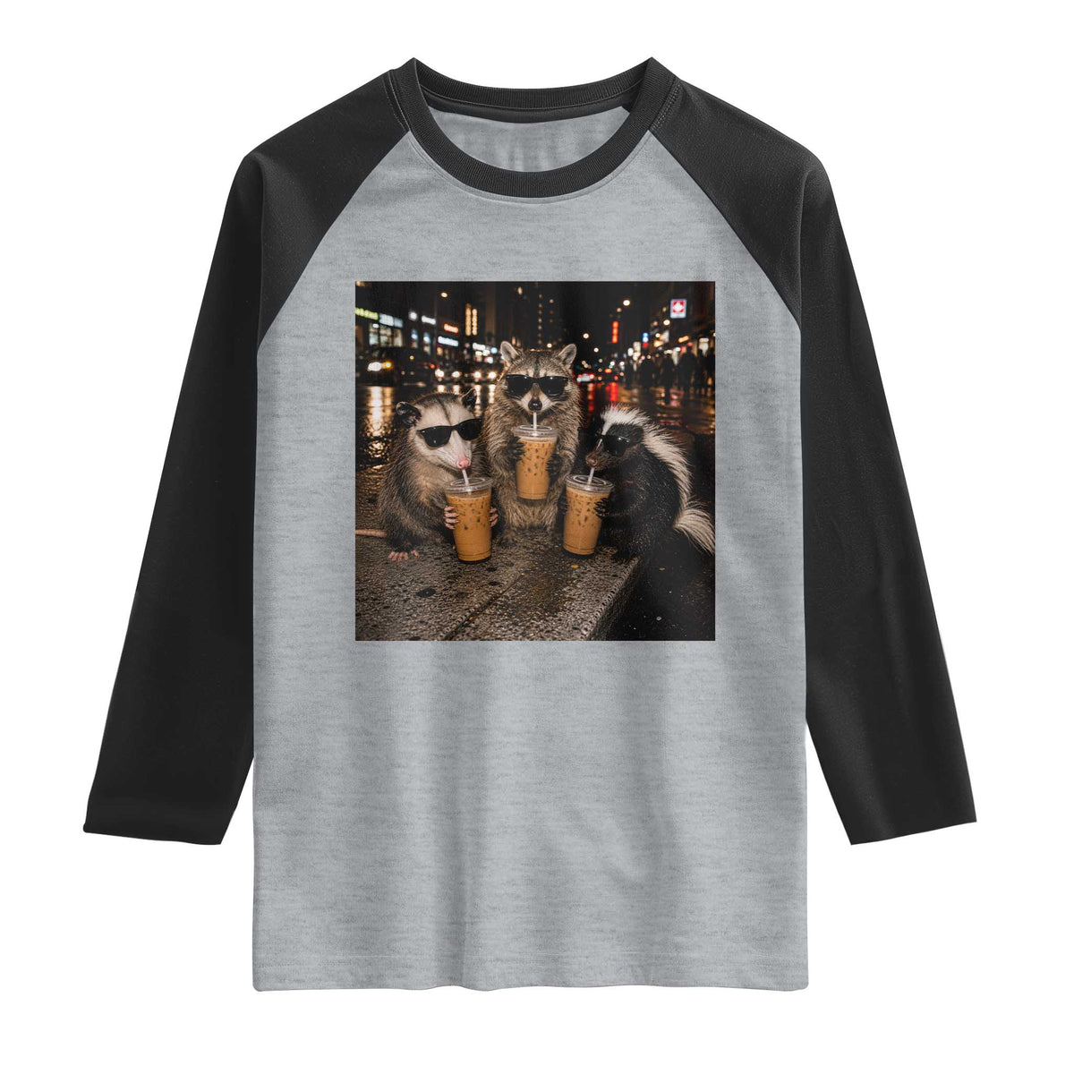 Funny Raccoon Skunk Possum Drinking Iced Coffee Raglan Shirt Support Local Street Cats Retro Animal Meme