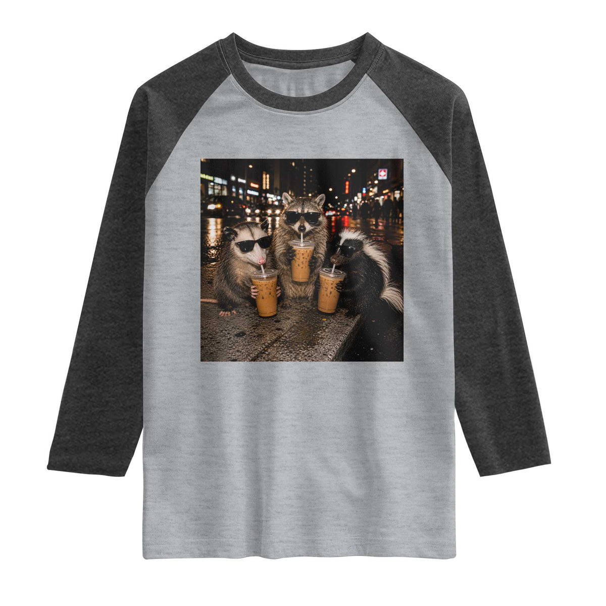 Funny Raccoon Skunk Possum Drinking Iced Coffee Raglan Shirt Support Local Street Cats Retro Animal Meme