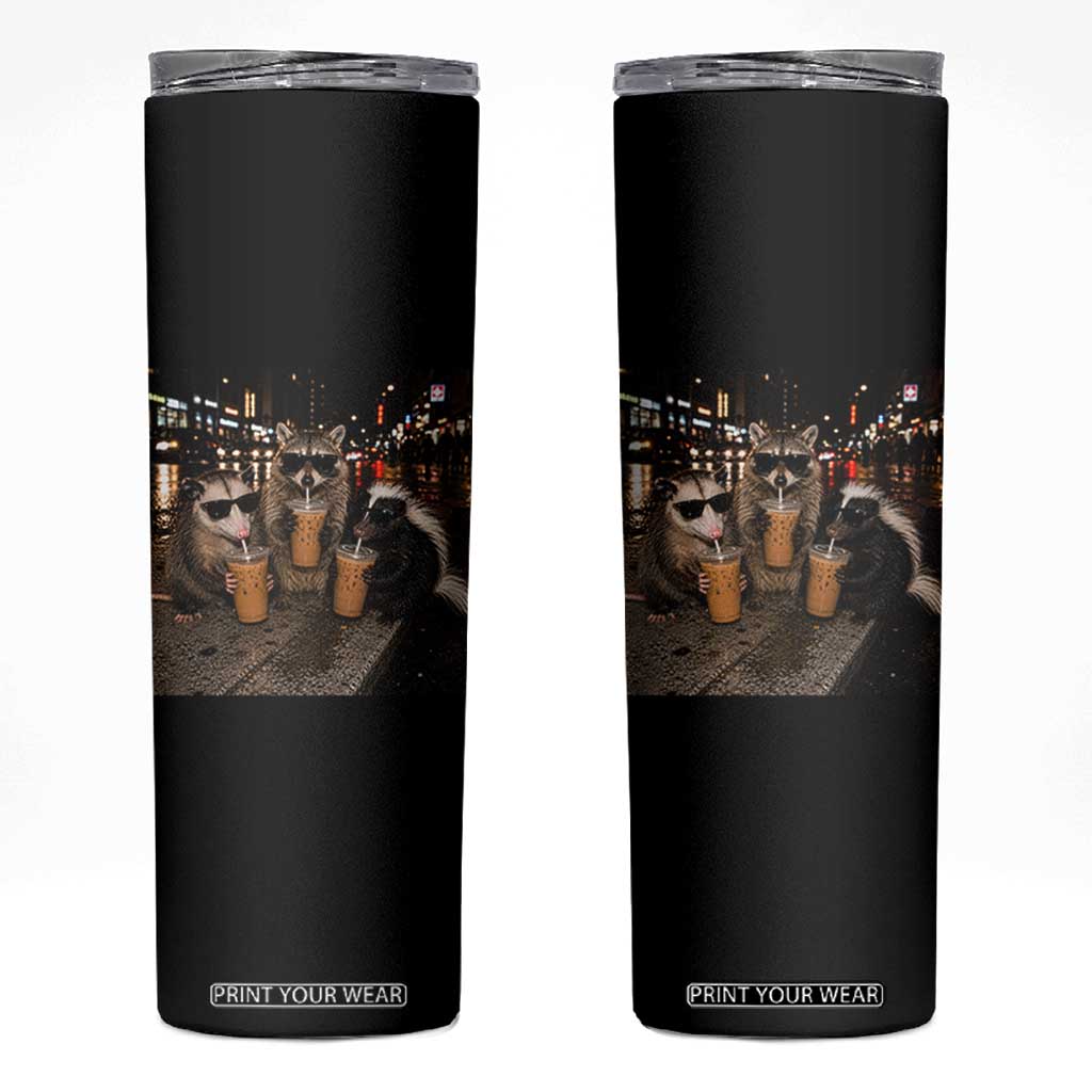 Funny Raccoon Skunk Possum Drinking Iced Coffee Skinny Tumbler Support Local Street Cats Retro Animal Meme