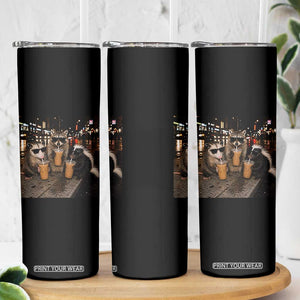 Funny Raccoon Skunk Possum Drinking Iced Coffee Skinny Tumbler Support Local Street Cats Retro Animal Meme
