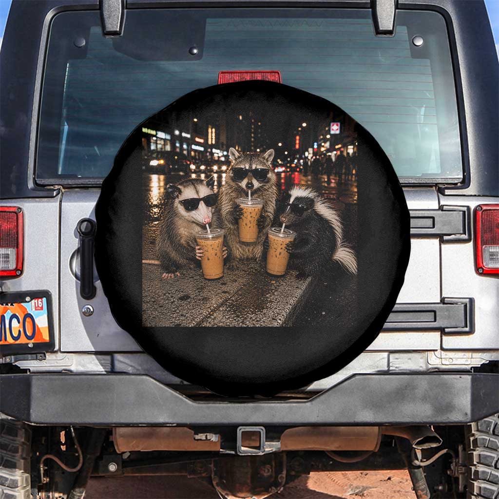 Funny Raccoon Skunk Possum Drinking Iced Coffee Spare Tire Cover Support Local Street Cats Retro Animal Meme