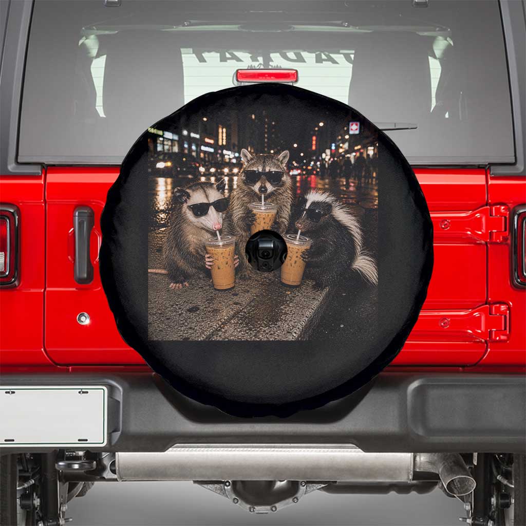 Funny Raccoon Skunk Possum Drinking Iced Coffee Spare Tire Cover Support Local Street Cats Retro Animal Meme