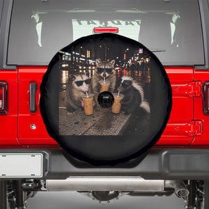 Funny Raccoon Skunk Possum Drinking Iced Coffee Spare Tire Cover Support Local Street Cats Retro Animal Meme
