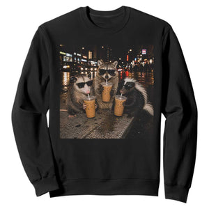 Funny Raccoon Skunk Possum Drinking Iced Coffee Sweatshirt Support Local Street Cats Retro Animal Meme