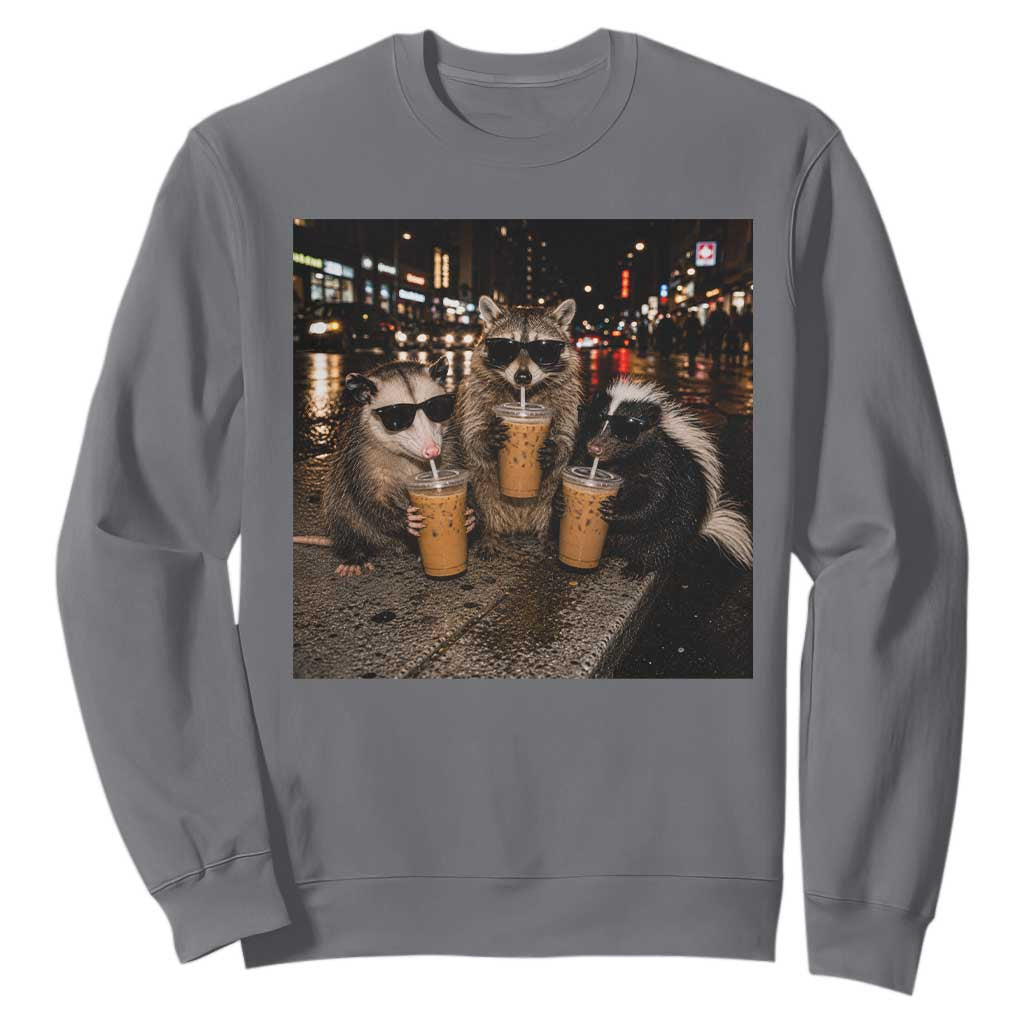 Funny Raccoon Skunk Possum Drinking Iced Coffee Sweatshirt Support Local Street Cats Retro Animal Meme