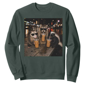 Funny Raccoon Skunk Possum Drinking Iced Coffee Sweatshirt Support Local Street Cats Retro Animal Meme